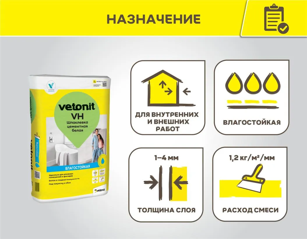 Шпатлёвка цементная финишная Vetonit VH белая 20кг   : фотография 1 превью