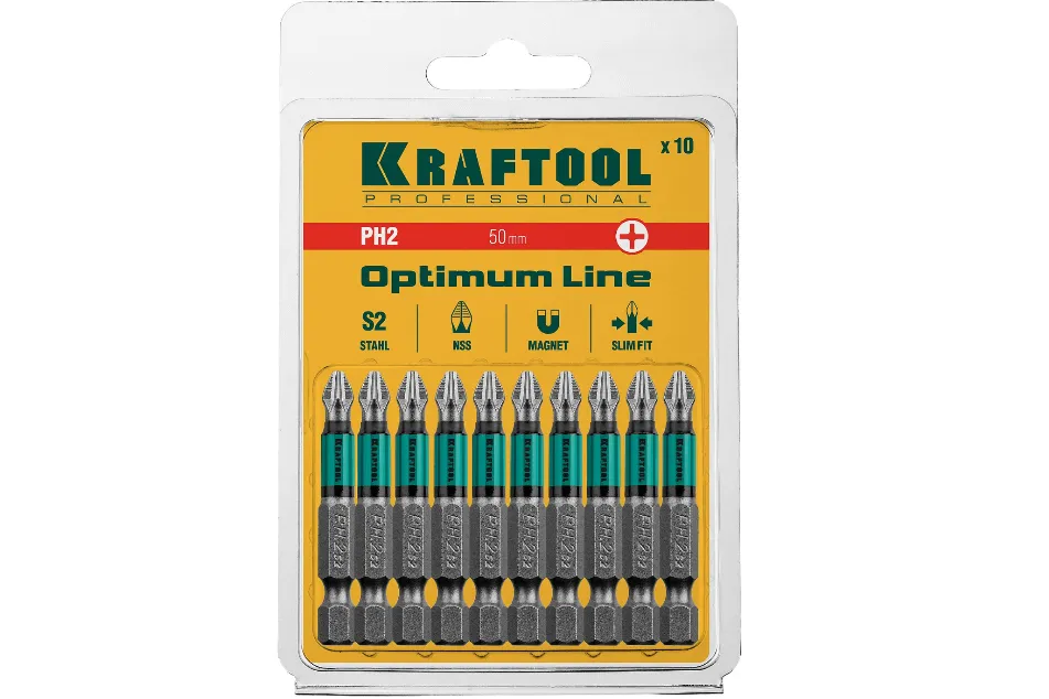 Биты "Optimum Line" кованные, тип хвостовика E 1/4", PH2, 50мм, 10шт, KRAFTOOL: фотография 2 превью