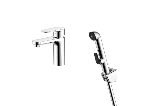 Смеситель для раковины 90 без донного клапана с гигиеническим ручным душем Aquatek Ника AQ1812CR: фотография 1