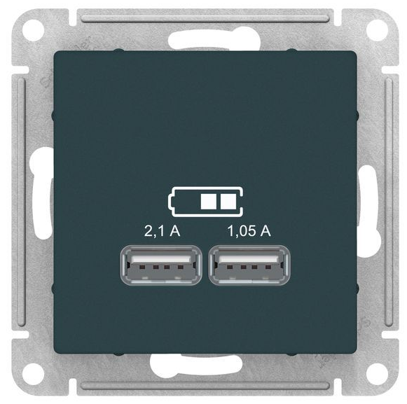 Механизм розетки USB ATLAS DESIGN 5В 1порт х 2.1А 2порта х 1.05А изумруд SchE ATN000833: фотография 0 превью