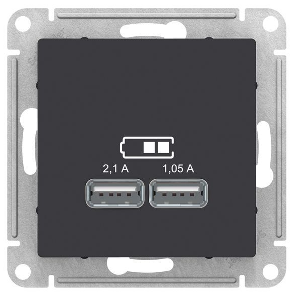 Механизм розетки USB ATLAS DESIGN 5В 1порт х 2.1А 2порта х 1.05А карбон SchE ATN001033: фотография 0 превью
