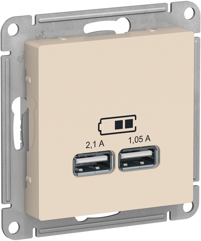 Механизм розетки USB ATLAS DESIGN 5В 1порт х 2.1А 2порта х 1.05А беж. SchE ATN000233: фотография 1 превью