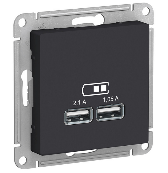 Механизм розетки USB ATLAS DESIGN 5В 1порт х 2.1А 2порта х 1.05А карбон SchE ATN001033: фотография 1 превью