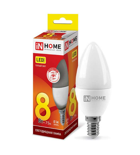 Лампа светодиодная LED-СВЕЧА-VC 8Вт 230В E14 3000К 720лм IN HOME 4690612020426: фотография 1