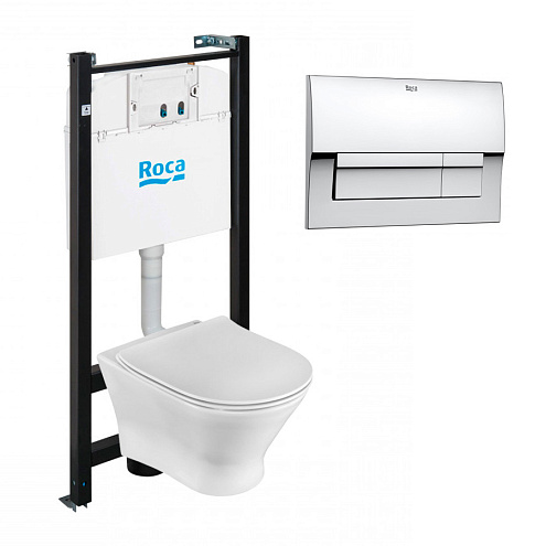 Комплект инсталляция с унитазом Roca Faro ZRU9307613, безободковый с микролифтом, клавиша цвет хром: фотография 1