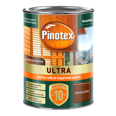 Влагостойкая лазурь с воском для дерева Pinotex Ultra Красное дерево 0,9л: фотография 1