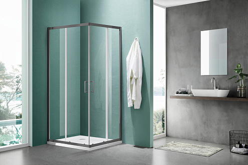 Душевое ограждение SANTREK AQUA Lea-CR-900-C-Gun Mate 900х900х1850 Г-образное, стекло прозрачное 5мм, профиль Оружейная сталь: фотография 1