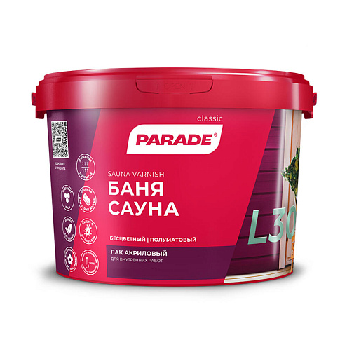 Лак PARADE L30 Сауна & Баня, акриловый, полуматовый 0,9л: фотография 1