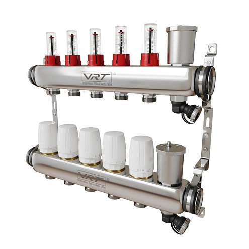 Коллекторная группа VRT 1'' х 3/4'' (евроконус) 5 выходов, автоматические воздухоотводчики, c расходомерами: фотография 1