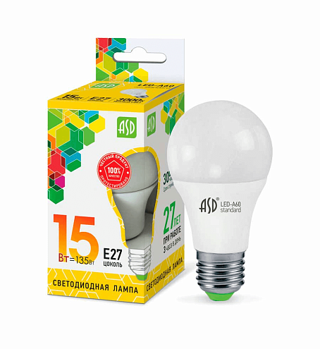 Лампа светодиодная LED-A60-standard 15Вт грушевидная 3000К тепл. бел. E27 1350лм 160-260В ASD: фотография 1