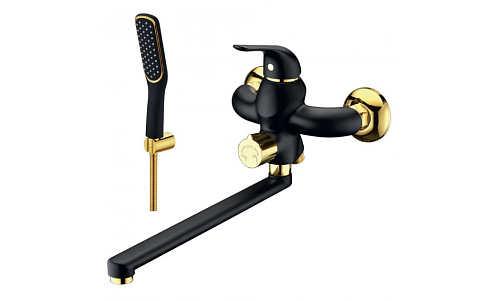 Смеситель Lemark &quot;Свон&quot; LM5451BG универсальный с плоским изливом 350мм, дивертор с керамическими пластинами черный/золото: фотография 1