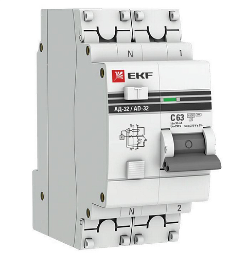 Выключатель автоматический дифференциального тока 2п C 63А 30мА тип AC 4.5кА АД-32 защита 270В электрон. PROxima EKF DA32-63-30-pro: фотография 1