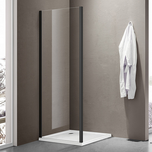 Боковая часть душевого ограждения SANTREK AQUA Iris- SP-900-C-Matt Black 900х1850 стекло прозрачное 6мм, профиль Чёрный: фотография 1