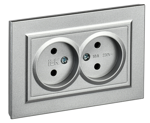 Розетка 2-местная BRITE без заземления без защитных шторок 10А в сборе РС12-2-БрА алюминий IEK BR-R20-10-K47-F: фотография 1