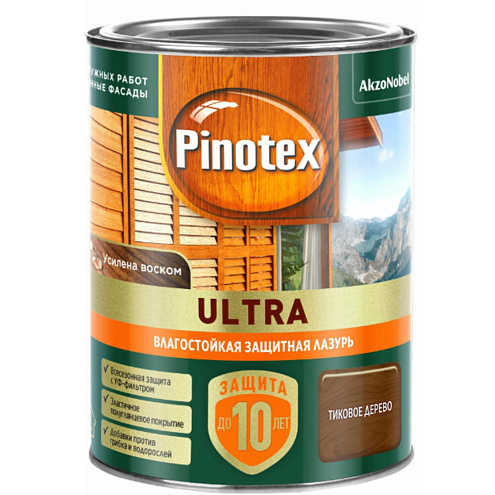 Влагостойкая лазурь с воском для дерева Pinotex Ultra Тиковое дерево 0,9л: фотография 1