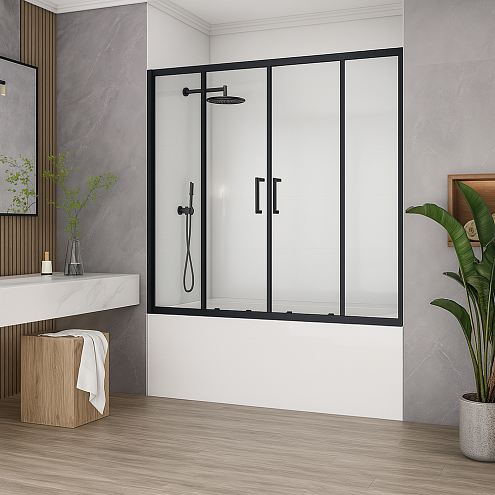 Шторка для ванны SANTREK AQUA Slim DF-1700-C-Matt Black раздвижная, 1700х1400, стекло прозрачное 5мм, профиль Чёрный: фотография 1