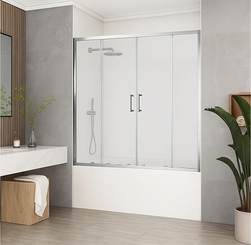 Шторка для ванны SANTREK AQUA Slim DF-1500-G-Chrome раздвижная, 1500х1400 стекло Грейп 5мм, профиль Хром: фотография 1