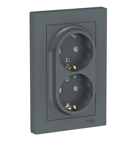 Розетка 2-м ATLAS DESIGN с заземл. защ. шторки 16А в сборе грифель SchE ATN000726: фотография 1