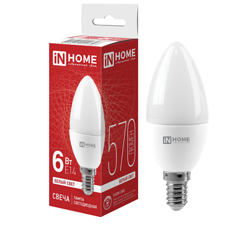 Лампа светодиодная LED-СВЕЧА-VC 6Вт 230В Е14 4000К 570Лм IN HOME 4690612020396: фотография 1