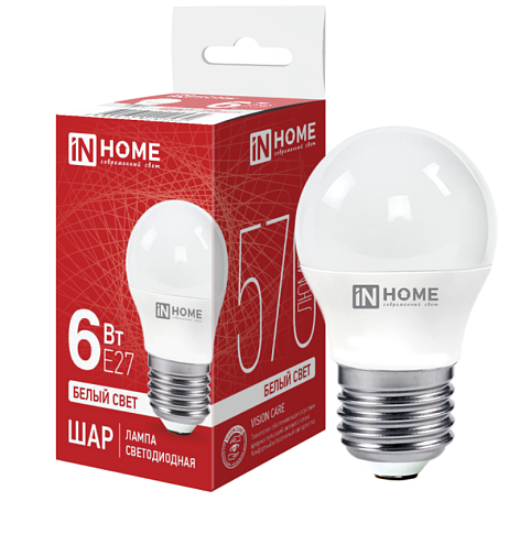Лампа светодиодная LED-ШАР-VC 6Вт 230В Е27 4000К 570Лм IN HOME 4690612020532: фотография 1