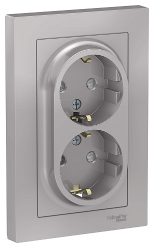 Розетка 2-м ATLAS DESIGN с заземл. защ. шторки 16А в сборе алюм. SchE ATN000326: фотография 1