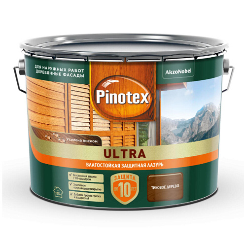 Влагостойкая лазурь с воском для дерева Pinotex Ultra Тиковое дерево 9л: фотография 1