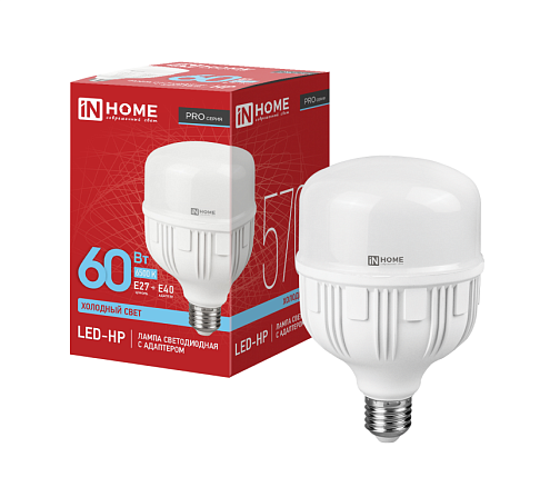 Лампа светодиодная LED-HP-PRO 60Вт 230В E27 с адаптером Е40 6500К 5700Лм IN HOME 4690612031132: фотография 1