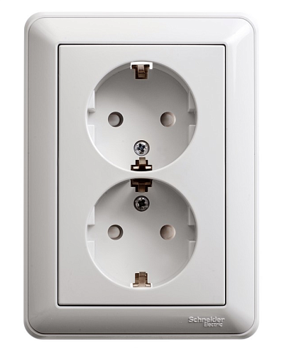 Розетка двойная W59 защитные шторки с заземлением белый Systeme Electric RS16-255-18: фотография 1