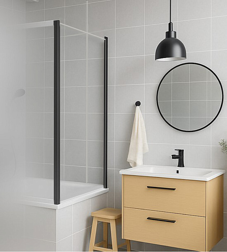 Боковая часть для шторы Slim SANTREK AQUA SP-700-C-Matt Black 700х1400 стекло прозрачное 5мм, профиль Черный: фотография 1