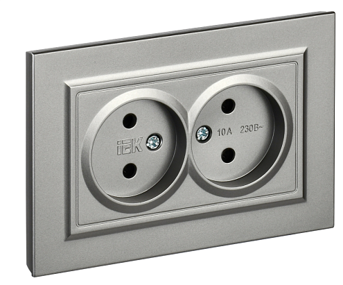Розетка 2-местная BRITE без заземления без защитных шторок 10А в сборе РС12-2-БрС сталь  IEK BR-R20-10-K46-F: фотография 1