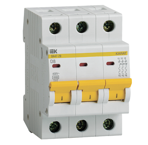 Выключатель автоматический модульный 3п D 8А 4.5кА ВА47-29 KARAT IEK MVA20-3-008-D: фотография 1