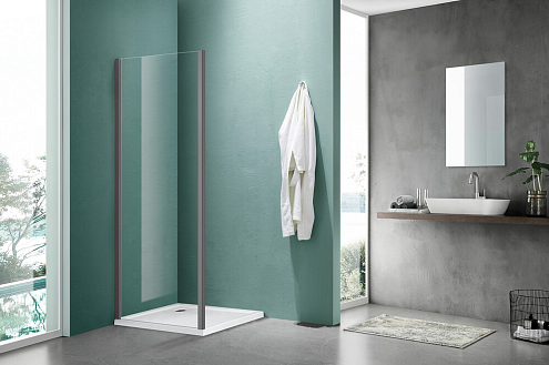 Боковая часть душевого ограждения SANTREK AQUA Lea- SP-900-C-Gun Mate 900х1850 стекло прозрачное 5мм, профиль Оружейная сталь: фотография 1