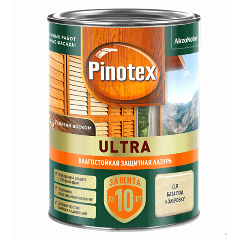 Влагостойкая лазурь с воском для дерева Pinotex Ultra CLR база под колеровку 0,9л: фотография 1