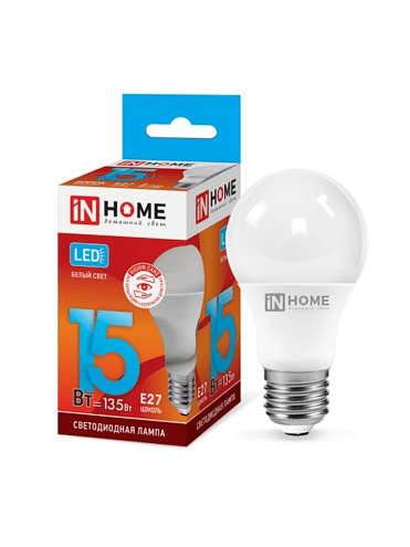 Лампа светодиодная LED-A60-standard 15Вт грушевидная 4000К белый E27 1350лм 160-260В IN HOME: фотография 1