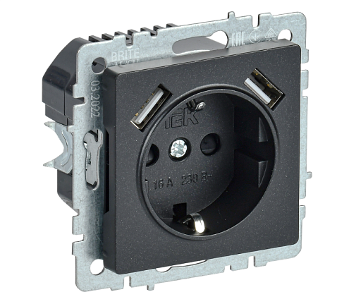 Розетка 1-местная BRITE РЮш10-1-БрЧ с заземлением с защитными шторками 16А с USB A+A 5В 2,1А механизм черный IEK BR-R14-16-U21-D21-K02: фотография 1
