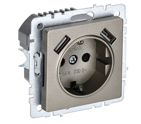 Розетка 1-местная BRITE РЮш10-1-БрШ с заземлением с защитными шторками 16А с USB A+A 5В 2,1А  механизм шампань IEK BR-R14-16-U21-D21-K37: фотография 1