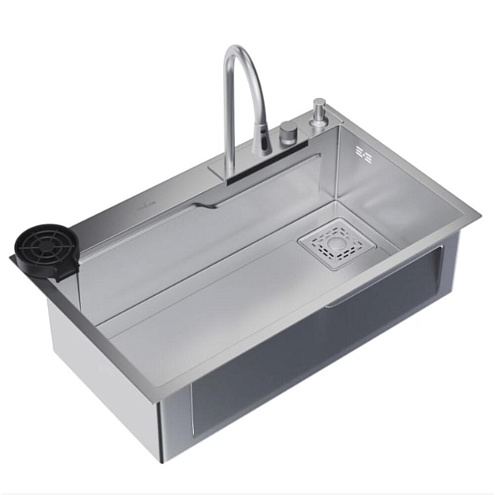 Многофункциональная мойка из нержавеющей стали прямоугольная 750х460 в комплекте со смесителем, душ, колландером, встраиваемой мойкой, разделочной доской: фотография 1