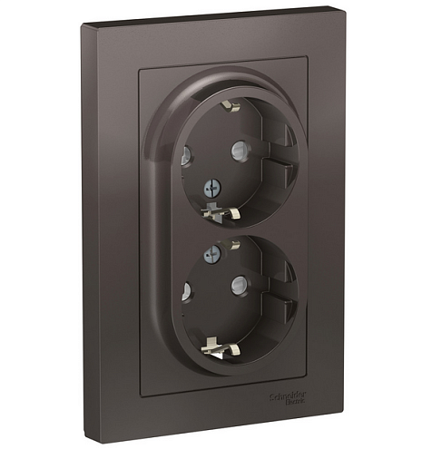 Розетка 2-м ATLAS DESIGN с заземл. защ. шторки 16А в сборе мокко SchE ATN000626: фотография 1