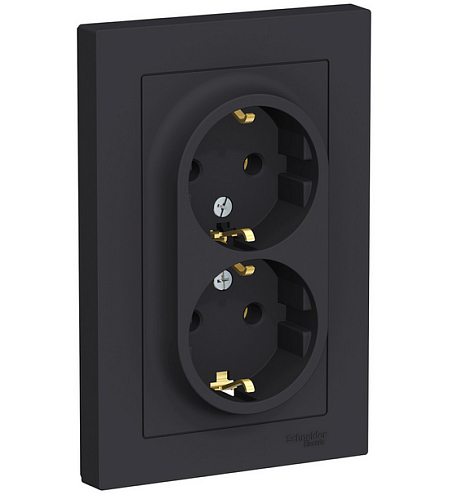 Розетка 2-м ATLAS DESIGN с заземл. 16А в сборе карбон SchE ATN001024: фотография 1