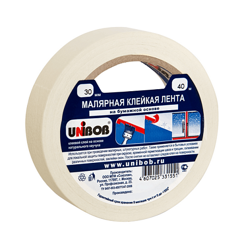 Малярная клейкая лента 30ммх40м, 125мкм, белая, Unibob: фотография 1