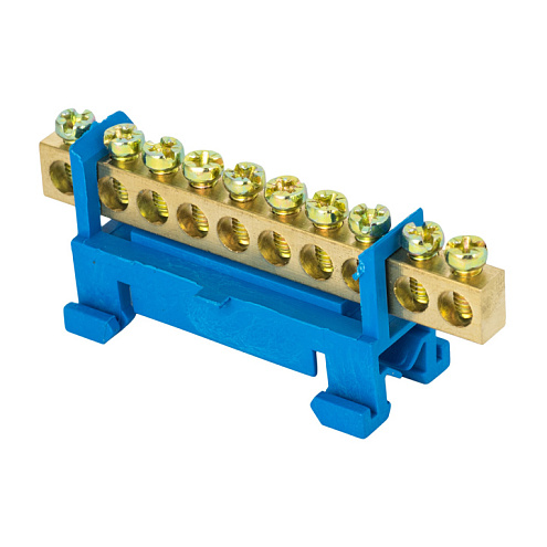 Шина нулевая N 6х9 10 отверстий синий изолятор тип &quot;Стойка&quot; на DIN-рейку латунь PROxima EKF sn0-63-10-sb: фотография 1