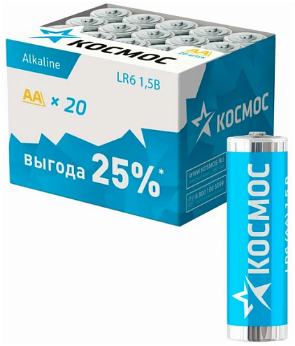 Элемент питания алкалиновый AA/LR6 (уп.20шт) КОСМОС KOCLR620BOX: фотография 1