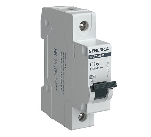 Выключатель автоматический модульный 1п C 16А 4.5кА ВА47-29М GENERICA MVA21-1-016-C-G: фотография 1