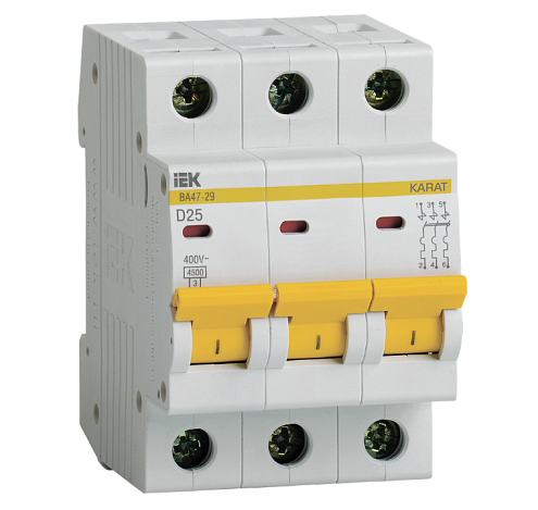 Выключатель автоматический модульный 3п D 25А 4.5кА ВА47-29 KARAT IEK MVA20-3-025-D: фотография 1