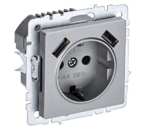 Розетка BRITE РЮш10-1-БрА 1-местная с заземлением с защитными шторками 16А с USB A+A 5В 2,1А механизм алюминий IEK BR-R14-16-U21-D21-K47: фотография 1