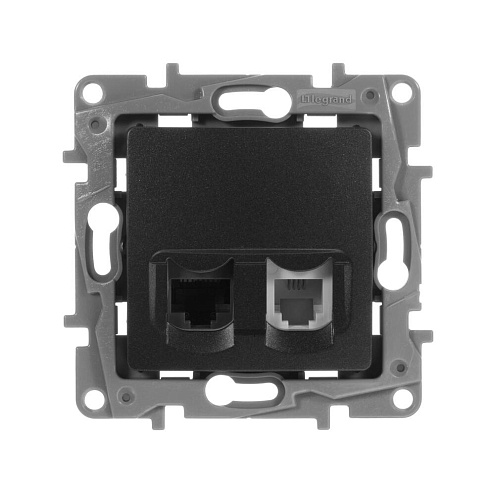 Механизм розетки комп. + телеф. 1-м СП Etika RJ11 + RJ45 CAT.5 UTP антрацит Leg 672652: фотография 1