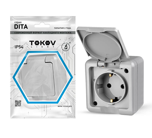 Розетка 1-м ОП Dita 16А IP54 250В с заземлением с крышкой серая TOKOV ELECTRIC TKL-DT-R1Z-C06-IP54: фотография 1