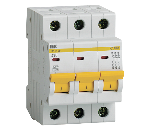 Выключатель автоматический модульный 3п D 10А 4.5кА ВА47-29 KARAT IEK MVA20-3-010-D: фотография 1