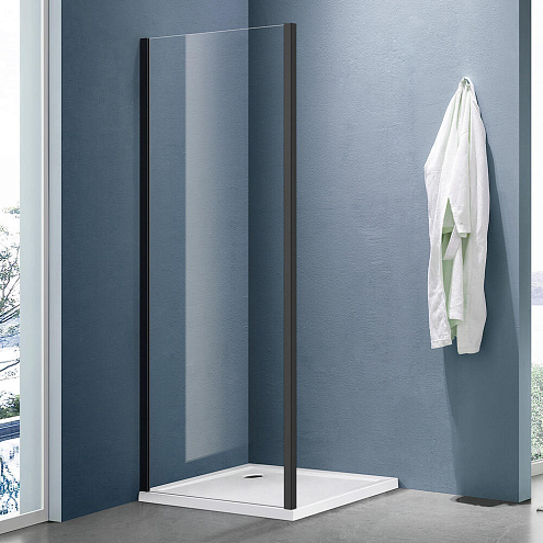 Боковая часть душевого ограждения SANTREK AQUA Lea- SP-800-C-Matt Black  800х1850 стекло прозрачное 5мм, профиль чёрный : фотография 1