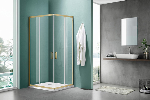 Душевое ограждение SANTREK AQUA Iris-CR-1000-C-Brushed Gold 1000х1000х1850 Г-образное, стекло прозрачное 6мм, профиль Брашированное золото: фотография 1